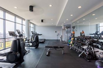 State-of-the-art fitness center with city skyline views